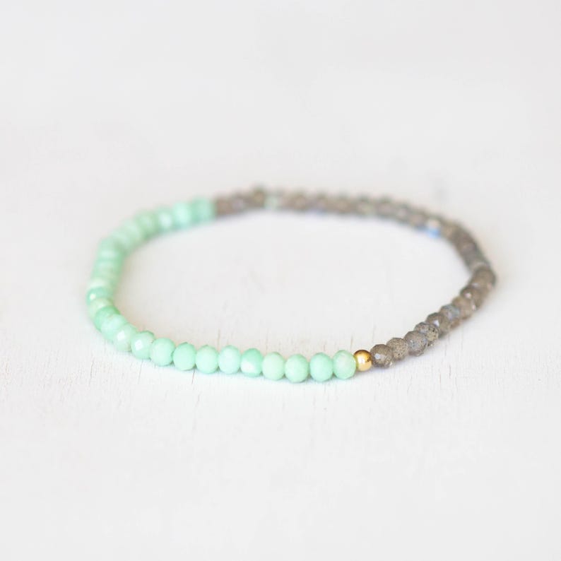 Chrysoprase and Labradorite Stretch Bracelet, Beaded Green Elastic Stacking Jewelry image 1