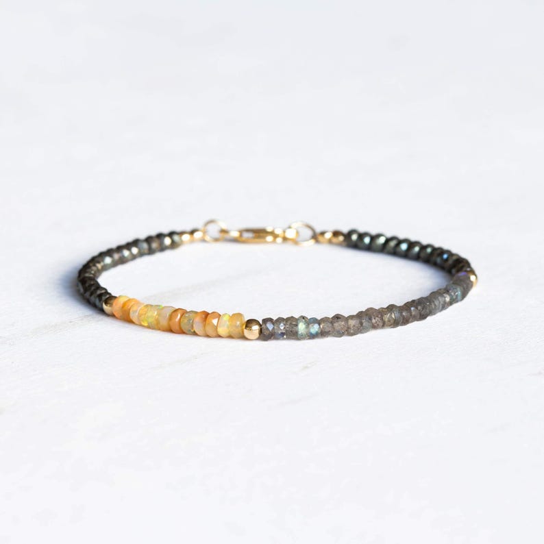 Opal, Pyrite & Labradorite Bracelet, Delicate Gemstone Beaded Bracelet, Labradorite Jewelry, Beaded Pyrite Bracelet, Multi Gemstone Stacking image 1