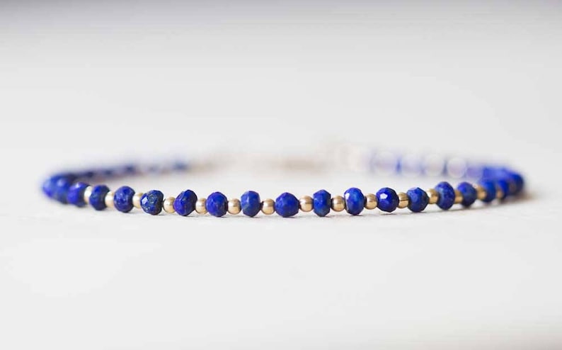 Lapis Bracelet with Rose Gold Fill or Sterling Silver, Stacking Layering Beaded Gemstone Jewelry, Lapis Lazuli Faceted Blue Gemstone image 2