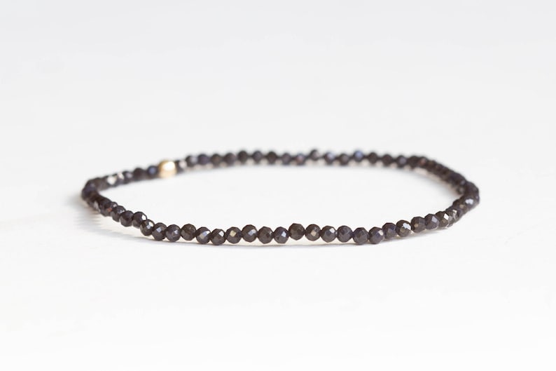 Dainty Dark Blue Sapphire Stretch Bracelet, Faceted Tiny Beaded Gemstone Jewelry, September Birthstone image 3