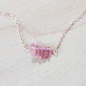 Tiny Pink Tourmaline Crystal Necklace on Sterling Silver, Oxidized Silver or Rose Gold Filled Chain, Delicate Raw Tourmaline Jewelry