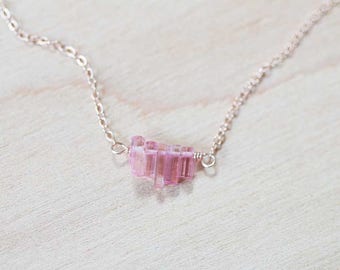 Tiny Pink Tourmaline Crystal Necklace on Sterling Silver, Oxidized Silver or Rose Gold Filled Chain, Delicate Raw Tourmaline Jewelry