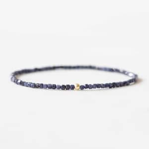 Puede incluir: Una delicada pulsera con pequeñas cuentas azul oscuro ensartadas. Una sola cuenta dorada pequeña está centrada en la pulsera. La joya se exhibe sobre un fondo blanco, resaltando el contraste de colores.