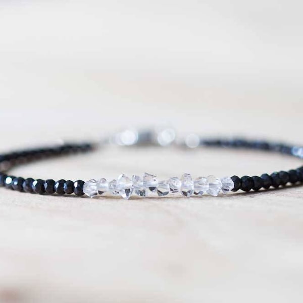 Black Spinel & Herkimer Diamond Bracelet, Delicate Quartz Crystal Jewelry, Beaded Mystic Spinel Bracelet, Rose Gold Fill Sterling Silver