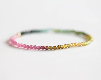 Tourmaline Stretch Bracelet, Delicate Beaded Shaded Watermelon Petro Colors, Elastic Stacking Jewelry, Rose Gold Fill or Sterling Silver
