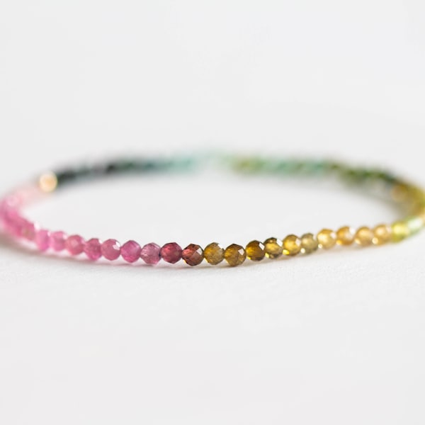 Tourmaline Stretch Bracelet, Delicate Beaded Shaded Watermelon Petro Colors, Elastic Stacking Jewelry, Rose Gold Fill or Sterling Silver