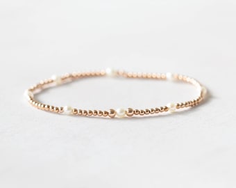 Pearl Bracelet with Sterling Silver, Gold Filled or Rose Gold Filled Beads: Station Stretch Jewelry