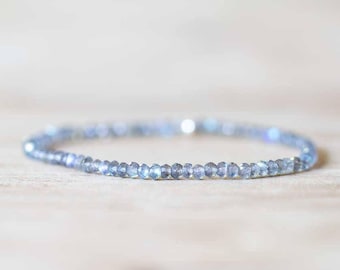 Labradorite Bracelet, Delicate Beaded Labradorite Jewelry, Elastic Stacking Stretch Bracelet, Blue Flash Gemstone, Faceted Small Beads