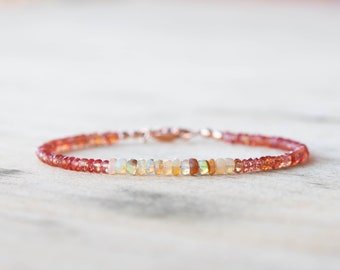 Orange Sapphire Bracelet with Welo Opal, Delicate Beaded Padparadscha Jewelry, Sterling Silver or Rose Gold Fill