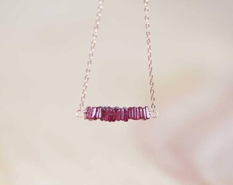 Square Garnet Bar Necklace on Rose Gold Filled, Oxidized Sterling or Sterling Silver Chain, Delicate January Birthstone Jewelry