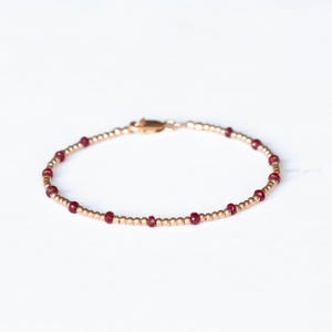 Dainty Rose Gold Fill Beaded Bracelet with Ruby, Skinny Beaded Stacking Jewelry, Sterling Silver July Birthstone