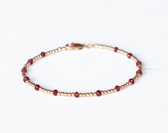 Dainty Rose Gold Fill Beaded Bracelet with Ruby, Skinny Beaded Stacking Jewelry, Sterling Silver July Birthstone