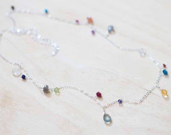 Dainty Multi Gemstone Fringe Necklace: Sterling Silver, Yellow or Rose Gold Filled