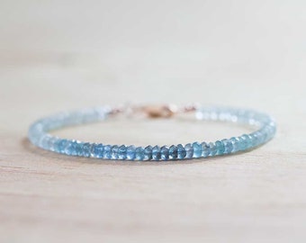 Moss Aquamarine Bracelet, Shaded Beaded Aquamarine Jewelry, Dainty March Birthstone Stackable Bracelet