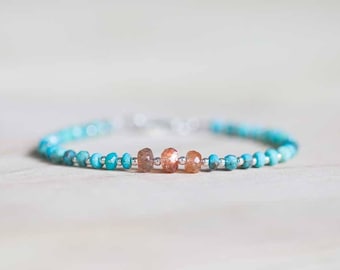 Sleeping Beauty Turquoise Bracelet with Sunstone, Delicate Beaded Genuine Multi Gemstone Jewelry, Sterling Silver Rose Gold Fill