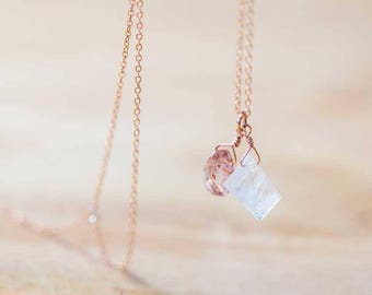 Moonstone & Sunstone Pendant on Rose Gold Filled or Sterling Silver Chain, Sunstone Necklace, Moonstone Jewelry, Delicate Everyday Layering