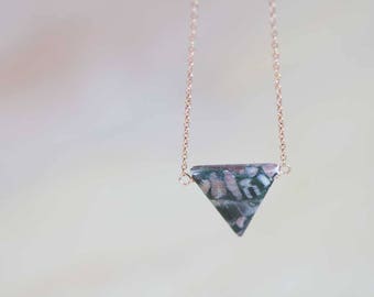 Jasper Triangle Pendant Necklace on 14k Rose Gold Filled or Sterling Silver Chain, Delicate Jasper Jewelry, Oxidized Sterling Silver