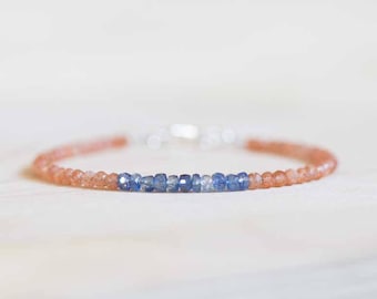 Sunstone Bracelet with Blue Kyanite, Delicate Beaded Stacking Orange Gemstone Jewelry, Rose Gold Fill or Sterling Silver