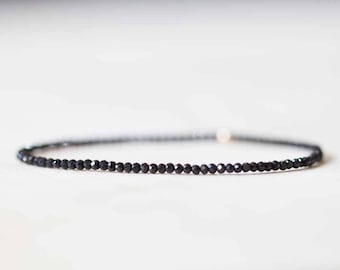 Black Spinel Stretch Bracelet, Ultra Delicate Faceted Tiny Beads Gemstone Jewelry, Elastic Stacking Bracelet, Simple Minimal
