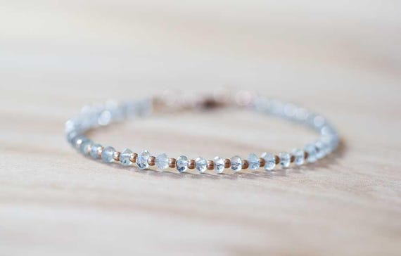 Aquamarine Bracelet with Rose Gold Fill or Sterling Silver, Delicate Beaded Aquamarine Jewelry, March Birthstone Gift