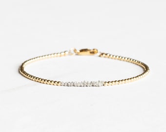 Rough Gray Diamond Bracelet with Rose Gold Fill or Sterling Silver, Dainty Raw April Birthstone Beaded Jewelry