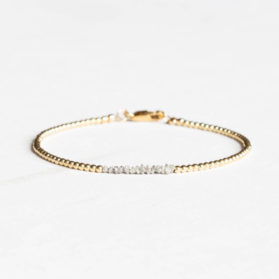 Rough Gray Diamond Bracelet with Rose Gold Fill or Sterling Silver, Dainty Raw April Birthstone Beaded Jewelry