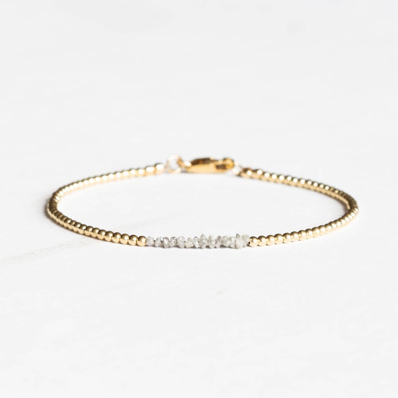 Rough Gray Diamond Bracelet with Rose Gold Fill or Sterling Silver, Dainty Raw April Birthstone Beaded Jewelry image 1