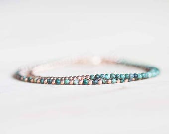 African Turquoise Bracelet with Sterling Silver or Rose Gold Filled, Dainty Green Jasper Jewelry, Beaded Bracelet Set