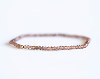 Andalusite Stretch Bracelet, Delicate Beaded Elastic Jewelry, Faceted Brown Gemstone