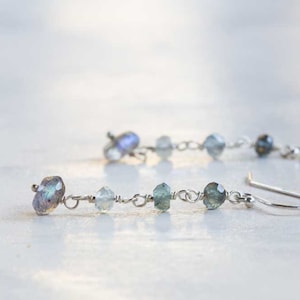 Labradorite & Moss Aquamarine Earrings, Simple Delicate Gemstone Dangle Earrings, Moss Aquamarine Jewelry, Sterling Silver, Rose Gold Filled