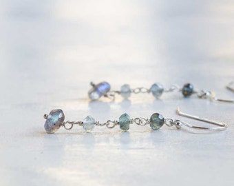 Labradorite & Moss Aquamarine Earrings, Simple Delicate Gemstone Dangle Earrings, Moss Aquamarine Jewelry, Sterling Silver, Rose Gold Filled