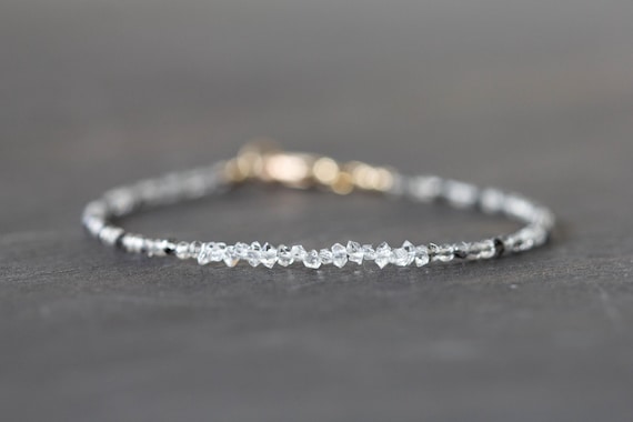 Dainty Rutilated Quartz Bracelet with Herkimer Diamonds, Tiny Double Terminated Quartz Jewelry, Dainty Clear Black Gemstones