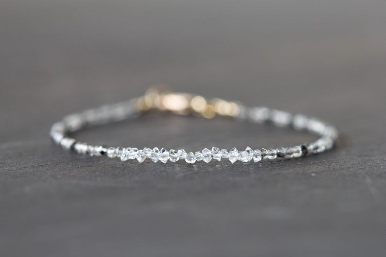 Dainty Rutilated Quartz Bracelet with Herkimer Diamonds, Tiny Double Terminated Quartz Jewelry, Dainty Clear Black Gemstones image 1