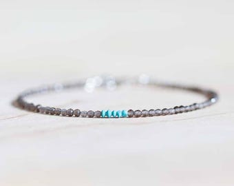Smoky Quartz Bracelet with Turquoise, Ultra Delicate Beaded Gemstone Bracelet, Smokey Quartz Jewelry, Rose Gold Fill or Sterling Silver