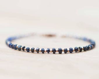 Sapphire Bracelet with Rose Gold Filled or Sterling Silver, Delicate Shaded Sapphire Bracelet, Blue Sapphire Jewelry, Beaded Ombre Bracelet