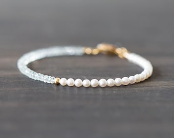 Aquamarine & Pearl Bracelet; Genuine Gemstones with Sterling Silver, Yellow or Rose Gold Filled