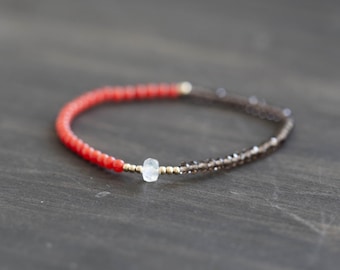 Coral, Smoky Quartz and Rainbow Moonstone Stretch Bracelet