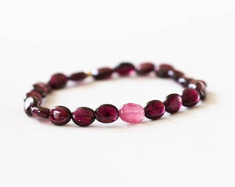 Garnet Oval Stretch Bracelet, Genuine Rhodolite Gemstone Jewelry