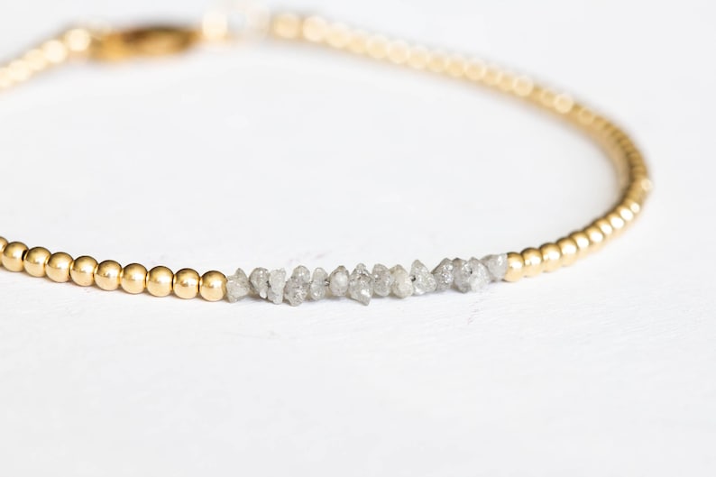 Rough Gray Diamond Bracelet with Rose Gold Fill or Sterling Silver, Dainty Raw April Birthstone Beaded Jewelry image 4