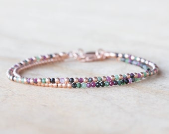 Ruby Zoisite Bracelet Set, Sterling Silver or Rose Gold Filled, Delicate Dainty Gemstone Jewelry