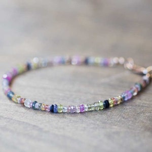 Multi Color Sapphire Bracelet, Rose Gold Fill or Sterling Silver, Delicate Beaded September Birthstone Jewelry image 5