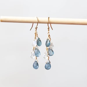 Moss Aquamarine & Rainbow Moonstone Dangle Earrings, Rose Gold Filled or Sterling Silver