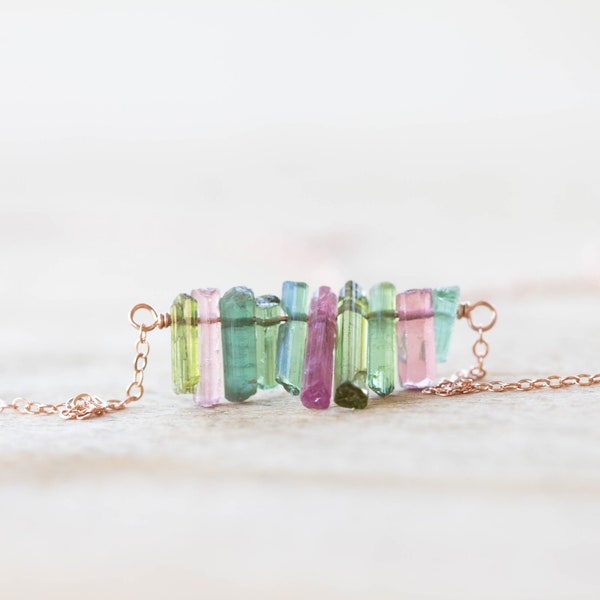 Multi Color Tourmaline Crystal Necklace on Sterling Silver, Oxidized Silver or Rose Gold Filled Chain, Raw Pink Green Jewelry