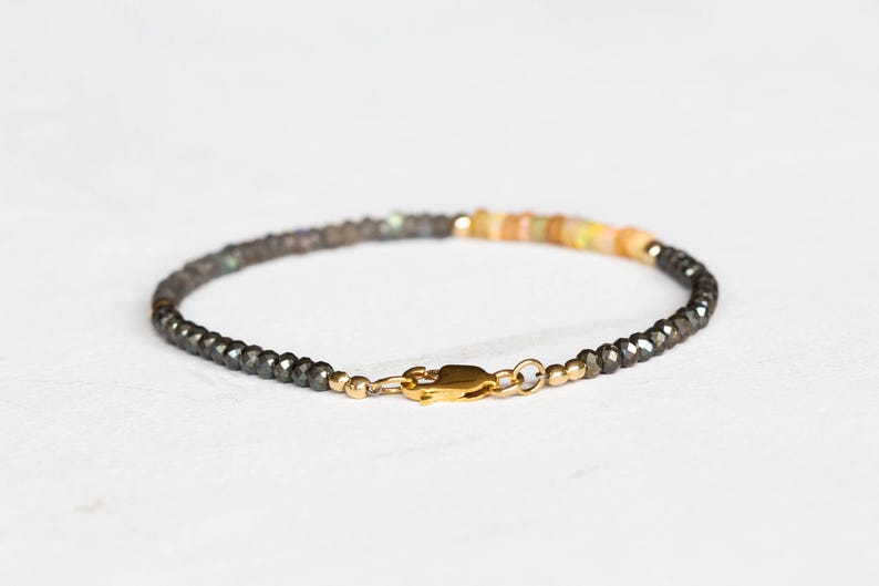 Opal, Pyrite & Labradorite Bracelet, Delicate Gemstone Beaded Bracelet, Labradorite Jewelry, Beaded Pyrite Bracelet, Multi Gemstone Stacking image 4