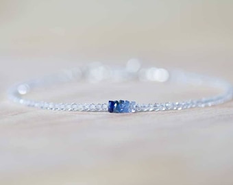 Dainty Clear Quartz & Blue Sapphire Bracelet, Skinny Stacking Layering Beaded Gemstone Bracelet, Rock Crystal Quartz Sterling Silver