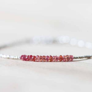 Ultra Delicate Fine Silver Bracelet with Padparadscha Sapphire, Skinny Karen Hill Tribe Beaded Stacking Bracelet, Sterling Silver Jewelry image 1