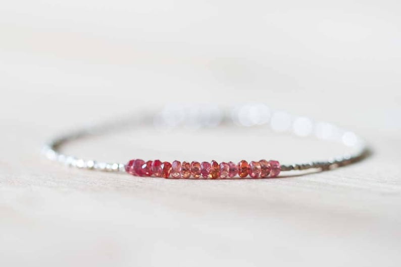 Ultra Delicate Fine Silver Bracelet with Padparadscha Sapphire, Skinny Karen Hill Tribe Beaded Stacking Bracelet, Sterling Silver Jewelry image 1