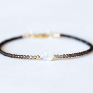Smoky Quartz Bracelet with Rainbow Moonstone, Dainty Beaded Shaded Ombre Jewelry image 1