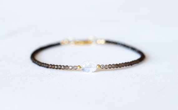 Smoky Quartz Bracelet with Rainbow Moonstone, Dainty Beaded Shaded Ombre Jewelry