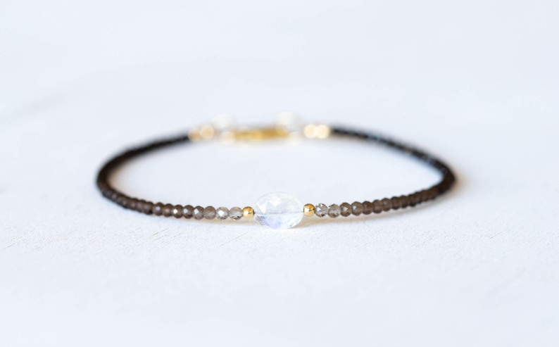 Smoky Quartz Bracelet with Rainbow Moonstone, Dainty Beaded Shaded Ombre Jewelry image 1